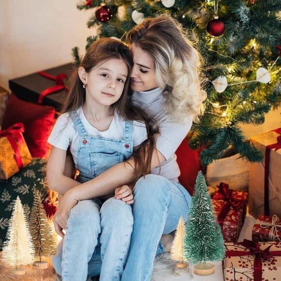 8PCS Artificial Mini Bottle Brush Pine Wood Base Tabletop Snow Frosted Trees - Picture 6 of 7